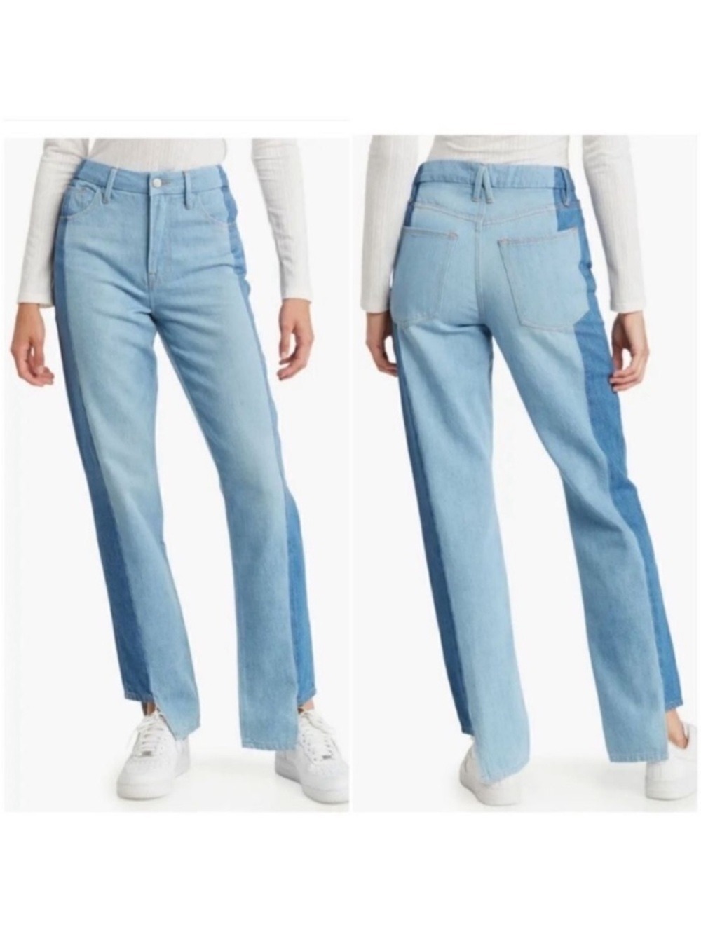 Good American Good Boy Two-Tone Step Hem High Waisted Boyfriend Jeans